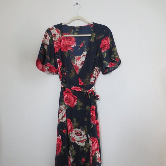 Navy Blue Floral Wrap Dress - Picture 1 of 6